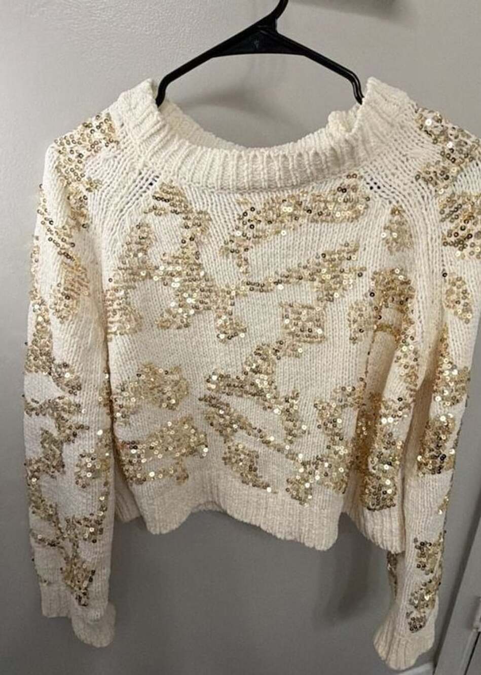 Idem Ditto S/M Gold Sequin Floral Sweater Cream Cropped Chunky Knit